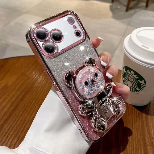 Glitter iPhone Cover med Sødt Bjørne-motiv og Indbygget Stand